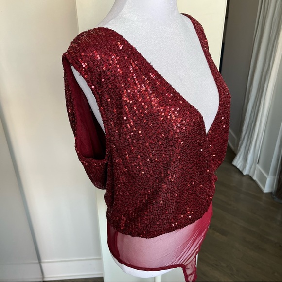 NWT. Lulus Evening of Wonder Burgundy Sequin Cowl Back Bodysuit - Picture 6 of 9